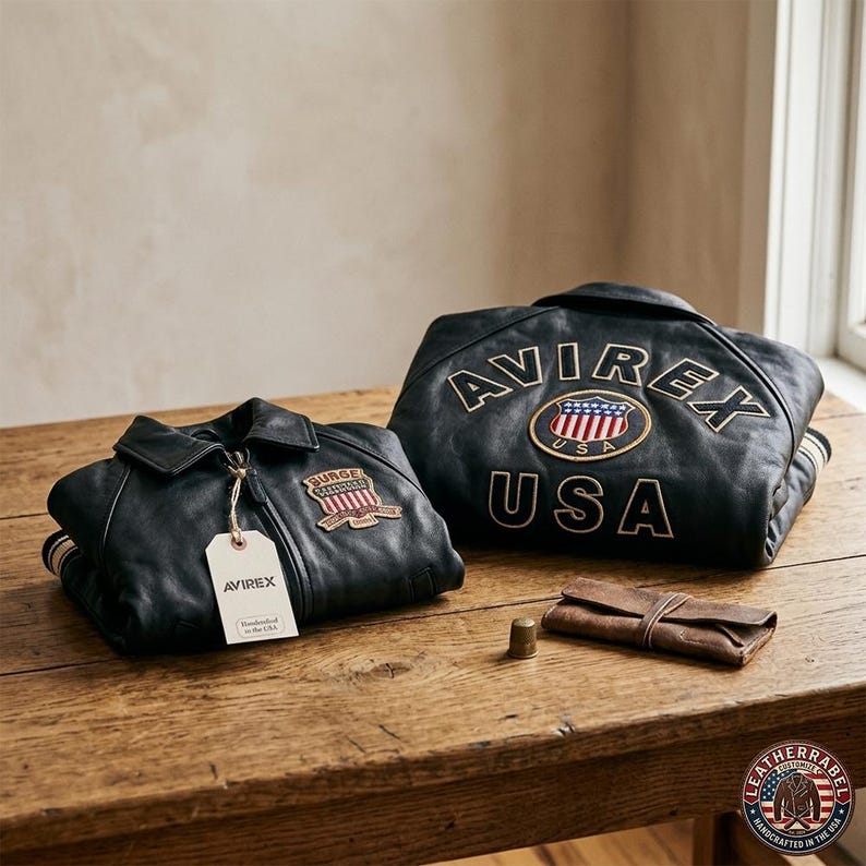 Puede incluir: Dos chaquetas de cuero negro con parches bordados y el texto "AVIREX USA" se exhiben sobre una mesa de madera. Una chaqueta tiene una etiqueta que dice "AVIREX". Tambi&eacute;n hay un peque&ntilde;o estuche de cuero marr&oacute;n y un dedal de lat&oacute;n sobre la mesa.