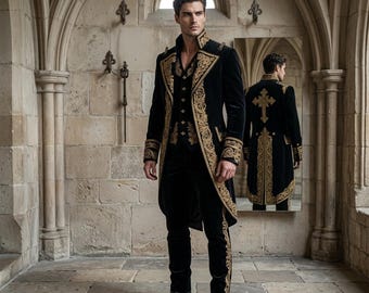 Gothic Priest Velvet Tailcoat Suit, Victorian Mens Black Tail Coat Costume