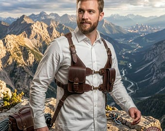 Handmade Leather Chest Rig Bag, Tactical Shoulder Holster with Phone Pouch