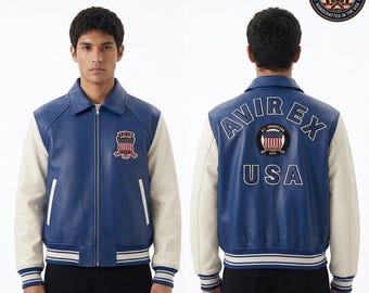 Chaqueta de cuero azul y blanca estilo universitario para hombre, bomber de piel de vaca, corte personalizado, estilo urbano estadounidense.