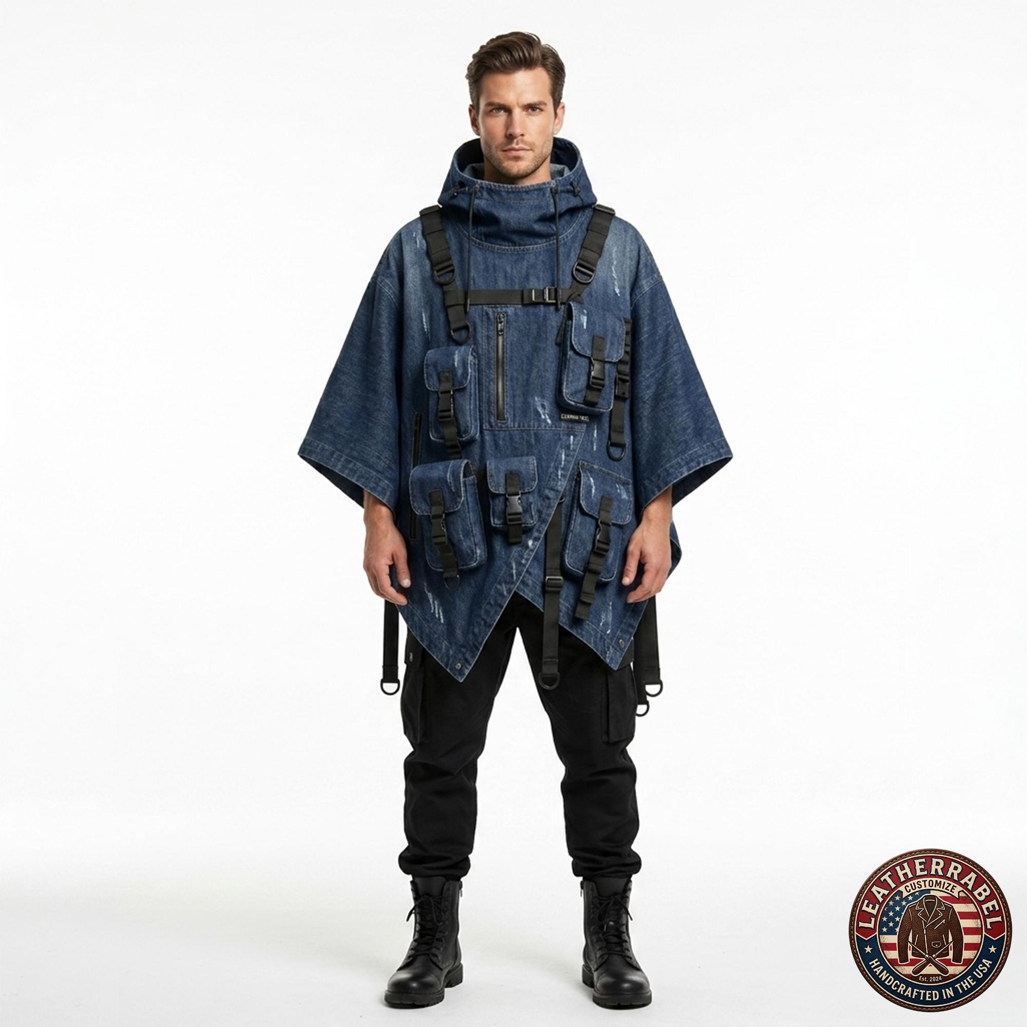 Techwear Denim Poncho Jacket, Tactical Utility Hoodie, Cyberpunk