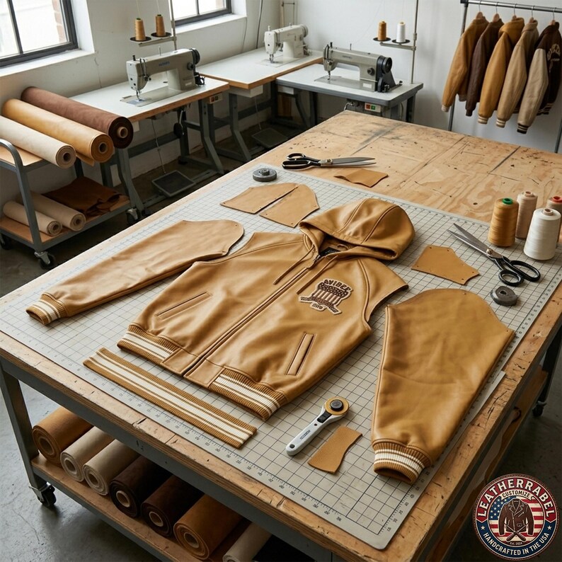 May include: A tan leather varsity jacket with a hood, sleeves, and other cut pieces laid out on a cutting mat. The jacket has white and tan striped trim and a patch on the chest. Sewing machines and rolls of leather are in the background.