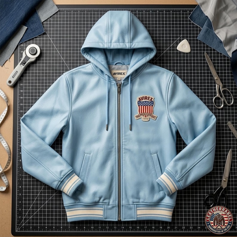 Pu&ograve; includere: Giacca in pelle azzurra con cappuccio e chiusura a zip. Presenta una toppa con il nome del marchio e un design patriottico. I polsini e l'orlo hanno strisce bianche e azzurre. La giacca &egrave; su un tappetino da taglio nero.
