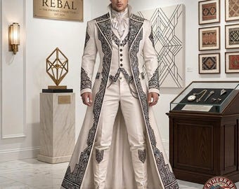 Frac gótico victoriano blanco con bordado barroco negro - Chaqueta de estilo Regencia para hombre