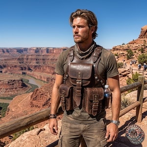 May include: A dark brown leather chest harness featuring multiple utility pockets with buckle closures, adjustable shoulder straps, and a dedicated side sleeve for a water bottle. The harness is worn over a plain olive green t-shirt.