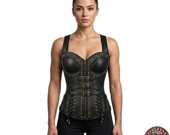 Top de corsé de cuero hecho a mano con tachuelas metálicas - Bustier gótico steampunk, personalizado
