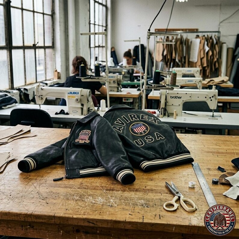 Puede incluir: Dos chaquetas de cuero negro con pu&ntilde;os a rayas blancas y negras y un parche en el pecho y la espalda. La parte trasera de una chaqueta tiene el texto "AVIREX USA" con un emblema circular. Las chaquetas est&aacute;n sobre una mesa de madera en un taller.