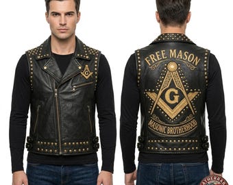Chaleco de cuero masónico para hombre, chaleco de motociclista, chaqueta masónica con tachuelas, hecha a mano en piel de vaca, unisex, ajuste personalizado.