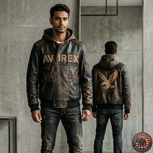 May include: A brown and black leather jacket with a hood. The jacket has the text "AVIREX" on the front and an eagle design on the back. It is a bomber-style jacket with ribbed cuffs and hem.