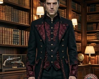 Abrigo gótico victoriano con bordado rojo, disfraz de vampiro para hombre para Halloween, frac gótico.
