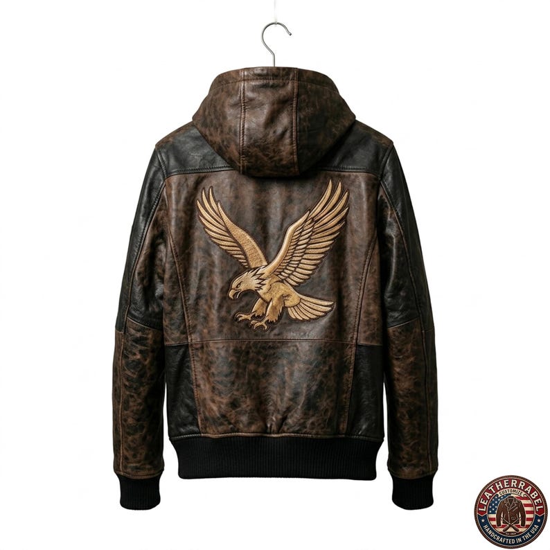 May include: Brown leather jacket with a hood and a large eagle design on the back. The jacket has a distressed look with black accents and a black ribbed hem and cuffs. The eagle is tan and gold.