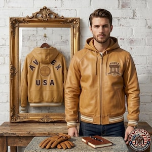 May include: A tan leather jacket with a hood and a zipper closure. The jacket has a patch on the chest that says "AVIREX 1905". The jacket is paired with blue jeans. A mirror reflects the back of the jacket with the text "AVIREX USA".