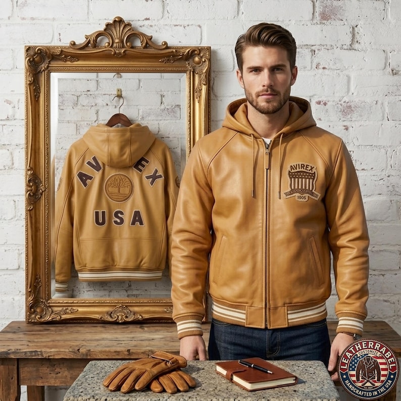 May include: A tan leather jacket with a hood and a zipper closure. The jacket has a patch on the chest that says "AVIREX 1905". The jacket is paired with blue jeans. A mirror reflects the back of the jacket with the text "AVIREX USA".
