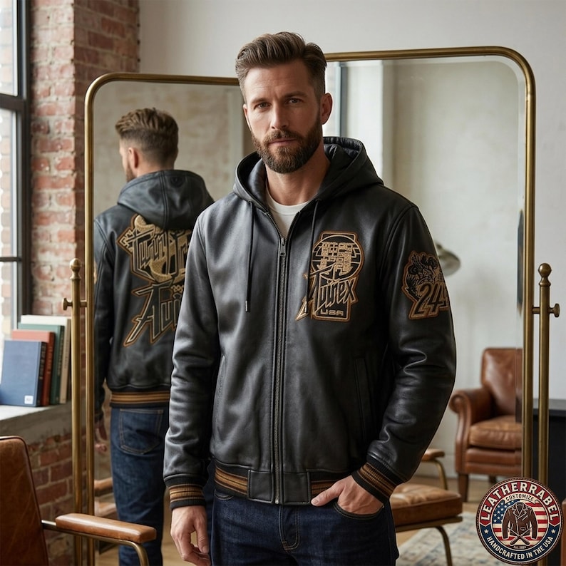 May include: A black leather hooded jacket featuring a front zipper, ribbed cuffs with brown stripes, and gold-toned embroidered patches on the chest and sleeve. The back of the jacket displays a large gold embroidered graphic design.