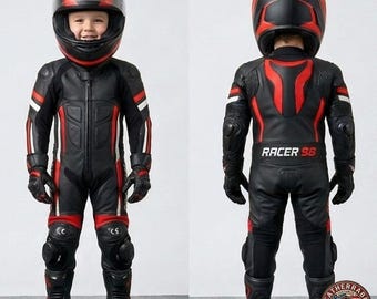 Traje de carreras de cuero para niños - Ropa de motociclista juvenil personalizada de cuero genuino hecha a mano