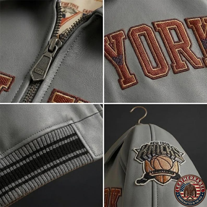 Puede incluir: Una chaqueta universitaria de cuero gris con cremallera met&aacute;lica y tirador de la marca Kith, letras bordadas en marr&oacute;n que dicen YORK, un dobladillo acanalado a rayas negras y grises, y un parche de baloncesto de los New York Knicks en la manga.