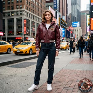 Puede incluir: Una chaqueta bomber de cuero color burdeos con capucha, pu&ntilde;os y dobladillo acanalados con rayas blancas, y un peque&ntilde;o parche bordado en el pecho. La chaqueta se lleva sobre una camiseta blanca lisa y vaqueros azul oscuro, con zapatillas.
