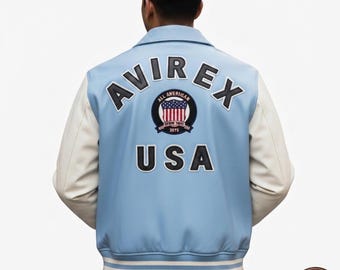 Avirex Style Varsity Leather Jacket USA Flag Embroidered Custom Bomber Jacket Men
