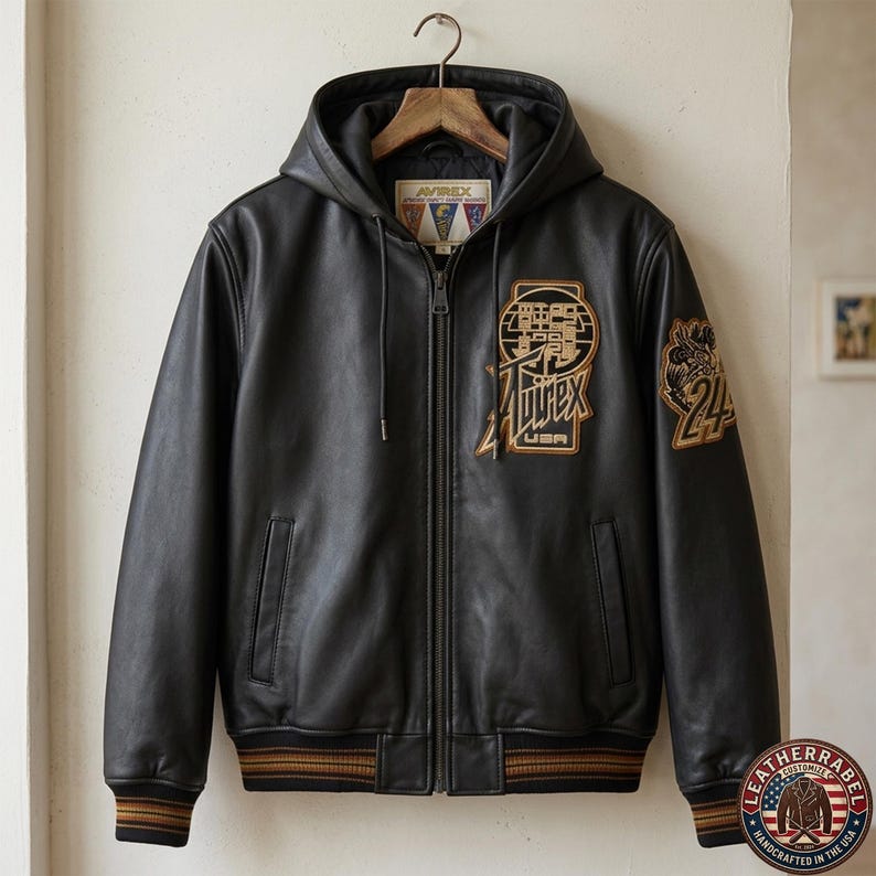 May include: A black leather hooded jacket featuring a full-length front zipper, ribbed cuffs and hem with brown and black stripes, and embroidered patches on the chest and sleeve. The interior label displays the brand name Avirex USA.