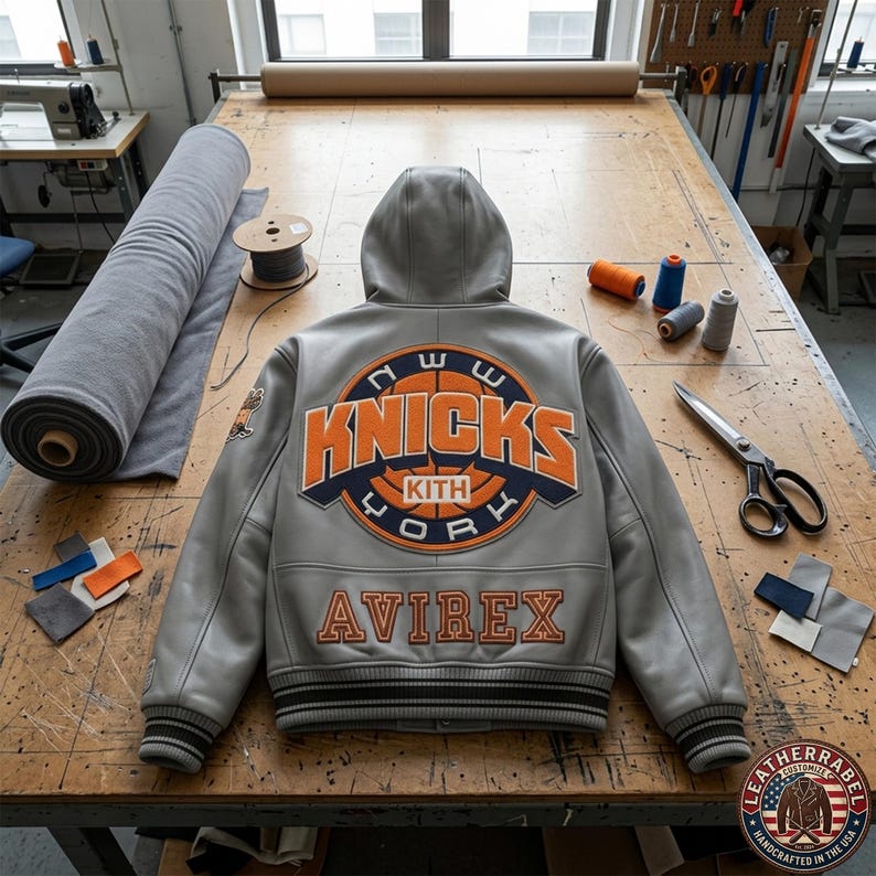 Puede incluir: Una chaqueta universitaria de cuero gris con capucha, que presenta un gran logotipo circular naranja y azul marino de Knicks Kith New York en la espalda. La palabra AVIREX est&aacute; bordada en naranja debajo del logo. Tiene pu&ntilde;os y dobladillo acanalados.