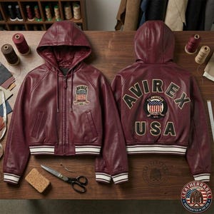 Puede incluir: Una chaqueta de cuero burdeos con capucha, cremallera frontal, pu&ntilde;os y dobladillo acanalados. El frente muestra un parche Avirex con dise&ntilde;o de bandera. La espalda presenta letras grandes Avirex USA y un parche circular con bandera.