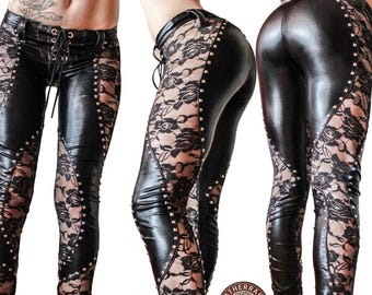 Leggings de cuero con cordones - Pantalones sexys de encaje floral para festivales, discotecas y estilo gótico.