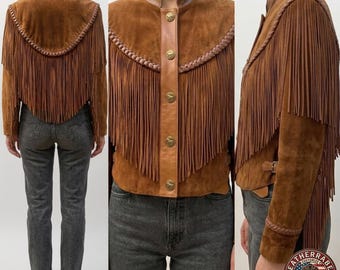 Chaqueta de cuero marrón hecha a mano con flecos, abrigo de gamuza estilo vaquera occidental con borlas, prenda de abrigo estilo motero boho.