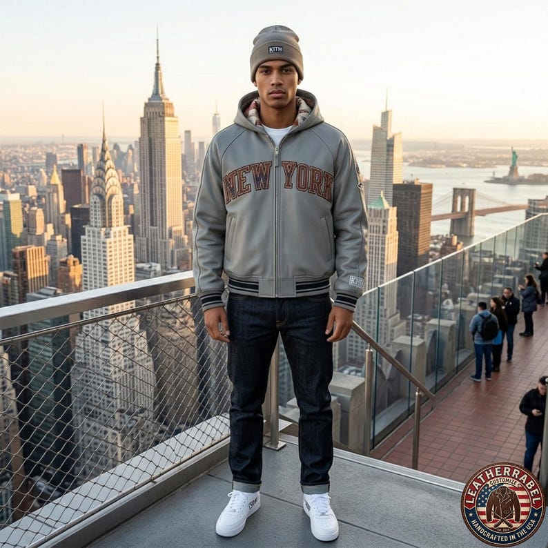 Puede incluir: Una chaqueta gris con capucha y el texto NEW YORK en letras naranjas y negras en el pecho, combinada con pantalones vaqueros azul oscuro, zapatillas blancas y un gorro gris, frente al horizonte de la ciudad de Nueva York al atardecer.