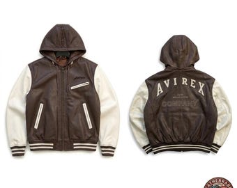 Avirex Style Leather Bomber Jacket Men Hooded Baggy White Chocolate Brown Retro Streetwear Jacket