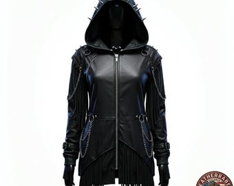 Chaqueta con capucha de cuero para mujer, estilo gótico, con capucha de pinchos, cremallera de cadena, hecha a mano, estilo motero punk.