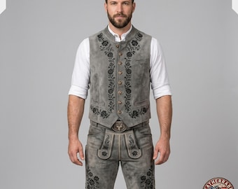 Conjunto de Lederhosen alemán para hombre, de cuero gris: chaleco y pantalón corto de ante, auténtico traje bávaro.