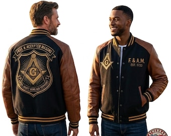 Chaqueta universitaria masónica para hombre, de lana, con mangas de cuero y bordado masónico, corte personalizado, estilo estadounidense, ideal como regalo.
