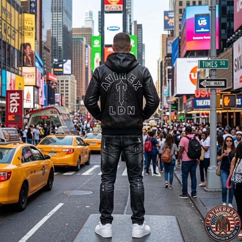 May include: A person wearing a black leather jacket with the text "AVIREX LDN" on the back, paired with black jeans and white sneakers, stands in Times Square, New York City. The background features bright billboards and yellow taxis.
