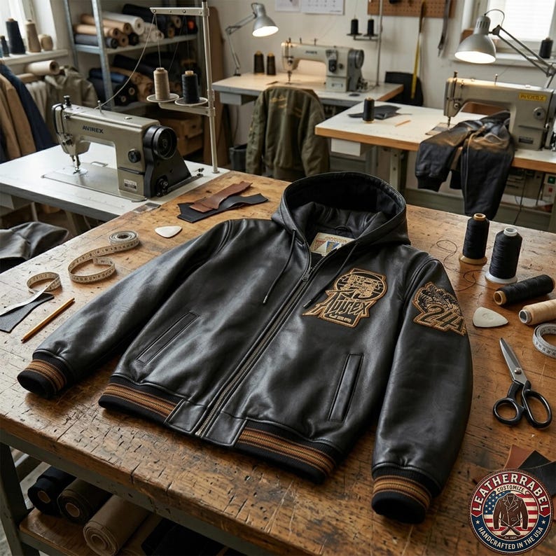 May include: A black leather hooded bomber jacket featuring a front zipper, ribbed cuffs and hem with brown stripes, and embroidered patches on the chest and sleeve. The chest patch displays the text "Avirex USA" with a graphic design.