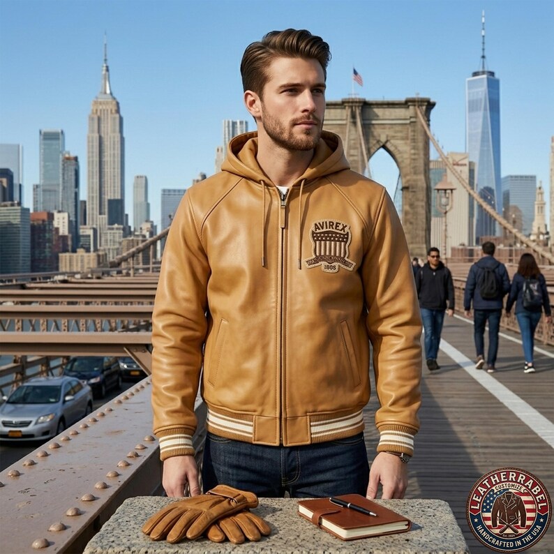 May include: A tan leather jacket with a hood, featuring a patch that reads "AVIREX 1935". The jacket has white and tan striped cuffs and hem. A pair of tan leather gloves and a brown notebook with a pen are on a stone surface.