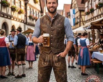 Men's Leather Lederhosen and Vest Set Traditional German Trachten Shorts USA Europe
