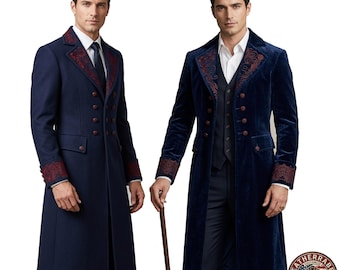 Frac azul marino estilo Regencia, disfraz de vampiro gótico victoriano bordado para hombre para Halloween