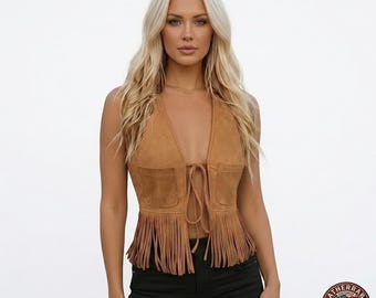 Chaleco de cuero con flecos hecho a mano a medida - Top de gamuza estilo western bohemio para mujer, regalo personalizado para vaqueras