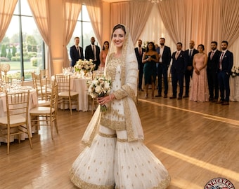 White Bridal Gharara Dress Gold Embroidery Wedding Outfit Custom Size Luxury Set
