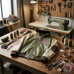 May include: An olive green leather varsity jacket with cream-colored sleeves, a hood, and brown ribbed cuffs. The chest features a patch with the text AVIREX and an American flag design. The jacket is displayed on a wooden table with sewing tools.