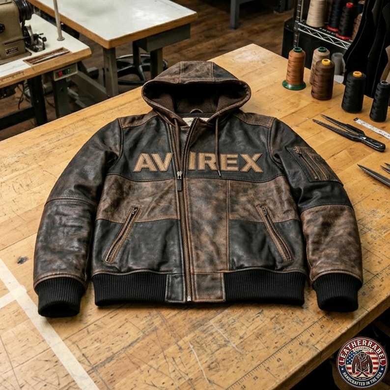 May include: A brown and black leather jacket with a hood and the word "AVIREX" across the chest. The jacket has a zip closure, two front pockets, and black ribbed cuffs and hem. The jacket is on a wooden surface.