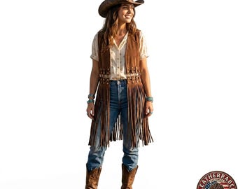 Chaleco de gamuza con flecos, chaleco de cuero estilo vaquera, top bohemio con borlas, moda para festivales de música country.