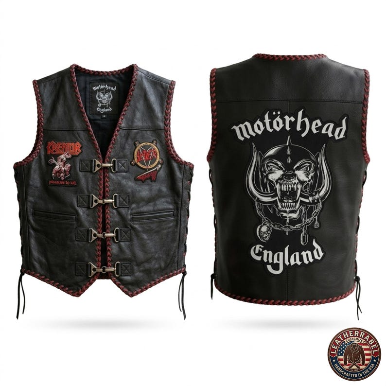 K&ouml;nnte beinhalten: Schwarze Lederweste mit roter Paspelierung und Aufn&auml;hern. Die Vorderseite zeigt Aufn&auml;her mit Text und Grafiken, w&auml;hrend die R&uuml;ckseite das "Mot&ouml;rhead"-Logo und eine Totenkopf-Grafik zeigt. Die Weste hat einen klassischen Biker-Stil mit verstellbaren Seitenschn&uuml;rungen.