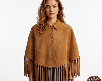 Poncho de cuero de gamuza color canela estilo western con flecos - Chaqueta tipo capa con borlas estilo vaquera bohemia costera