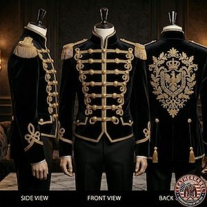 Può includere: Giacca in velluto nero in stile militare con ricami e dettagli dorati. Presenta spalline, bottoni decorativi e dettagli intricati. La parte posteriore della giacca ha uno stemma ricamato in oro. La giacca è esposta su un manichino.