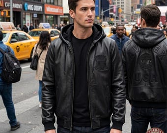 Chaqueta bomber con capucha de cuero auténtico para hombre, estilo AVIREX, color negro, con parche de EE. UU.