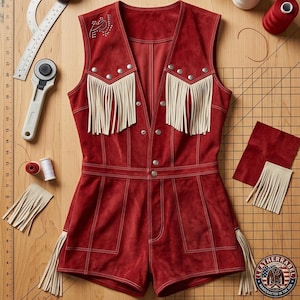 Puede incluir: Un mono de ante rojo intenso con cuerpo sin mangas estilo chaleco, escote en V, tachuelas met&aacute;licas plateadas y flecos color crema en el pecho. La prenda presenta costuras blancas visibles, una cintura ajustada y pantalones cortos.