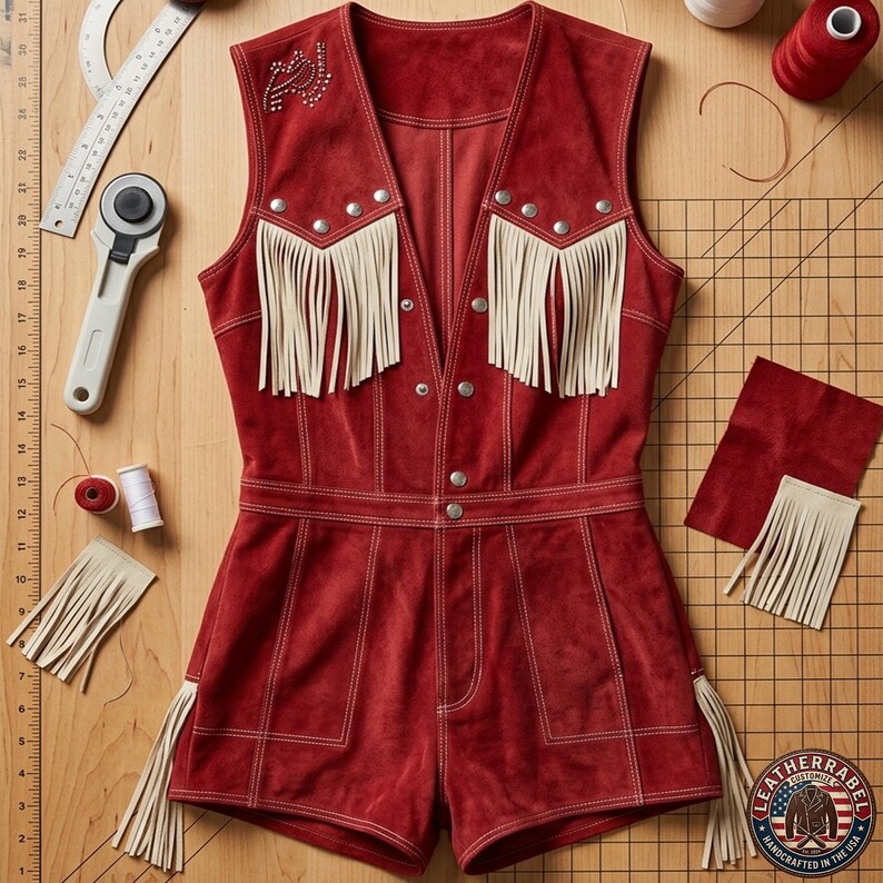 Puede incluir: Un mono de ante rojo intenso con cuerpo sin mangas estilo chaleco, escote en V, tachuelas met&aacute;licas plateadas y flecos color crema en el pecho. La prenda presenta costuras blancas visibles, una cintura ajustada y pantalones cortos.