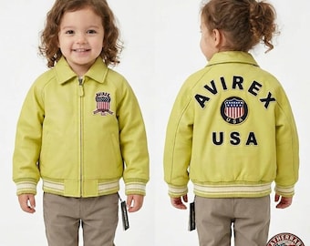 Chaqueta bomber de cuero para niños - Abrigo unisex de piel de oveja estilo universitario - Ajuste personalizado