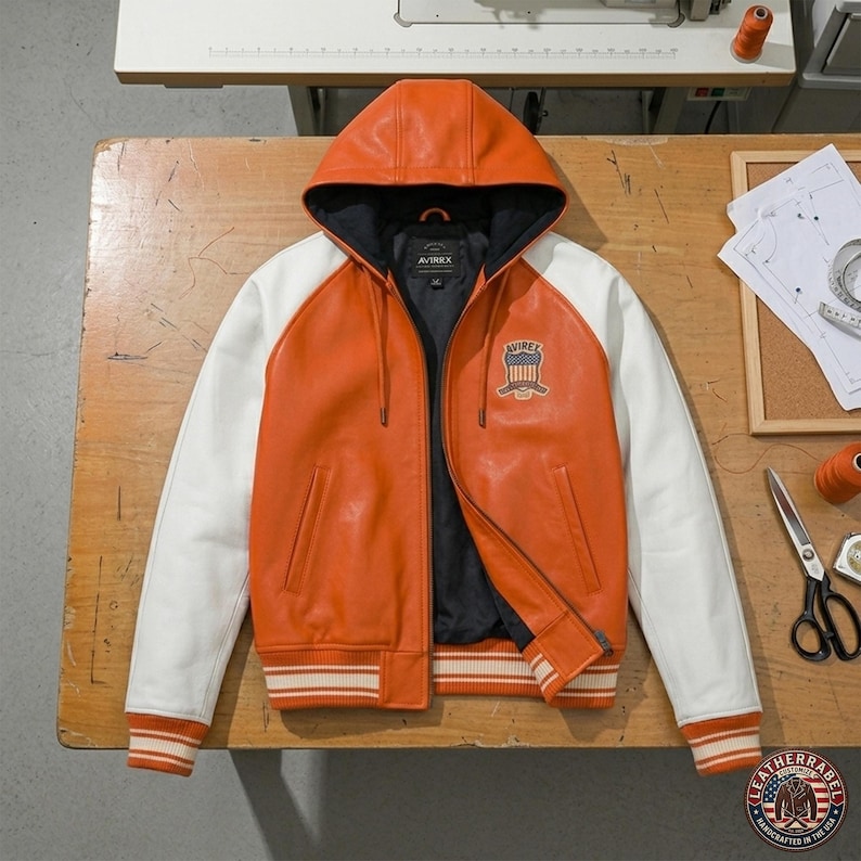 K&ouml;nnte beinhalten: Orange Lederjacke mit Kapuze und wei&szlig;en &Auml;rmeln. Die Jacke hat einen Rei&szlig;verschluss und einen Aufn&auml;her auf der Brust. Die Manschetten und der Saum haben wei&szlig;e und orangefarbene Streifen. Die Jacke liegt auf einem Holztisch.